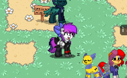 Size: 758x471 | Tagged: safe, screencap, oc, oc only, oc:dum1, oc:lavanda, species:pony, pony town, accessories, bow, cat, clothing, eyes closed, female, robot, tongue out
