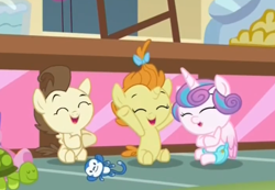 Size: 1168x806 | Tagged: safe, screencap, character:pound cake, character:princess flurry heart, character:pumpkin cake, species:pony, episode:a flurry of emotions, g4, my little pony: friendship is magic, baby ponies, cloth diaper, cute, diaper, flurrybetes, laughing, poundabetes, pumpkinbetes, safety pin, sugarcube corner, toy