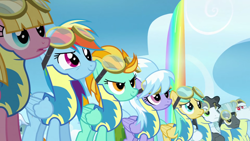 Size: 2560x1440 | Tagged: safe, screencap, character:bulk biceps, character:cloudchaser, character:lightning dust, character:meadow flower, character:rainbow dash, character:starry eyes, character:sunshower raindrops, character:thunderlane, species:pony, episode:wonderbolts academy, clothing, cloud, goggles, rainbow, rainbow waterfall, uniform, wonderbolt trainee uniform