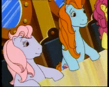 Size: 225x180 | Tagged: safe, screencap, character:bon bon (g1), character:bright eyes, character:clover (g1), species:pony, episode:happy birthday sweetheart, g1, my little pony tales, angry, animated, bipedal, bipedal leaning, chair, gif, leaning, nausea fuel, porthole, rocking, seasickness inducing, ship, table, tilting, undermining