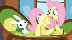 Size: 1920x1080 | Tagged: safe, screencap, character:angel bunny, character:fluttershy, species:pony, episode:the hooffields and mccolts, g4, my little pony: friendship is magic, book, booty call, couch, glowing cutie mark, looking back, open mouth, unamused, window