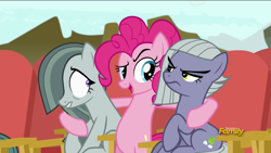 Size: 1920x1080 | Tagged: safe, screencap, character:limestone pie, character:marble pie, character:pinkie pie, species:pony, episode:rock solid friendship, g4, my little pony: friendship is magic, annoyed, discovery family logo, hug