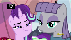 Size: 1920x1080 | Tagged: safe, screencap, character:maud pie, character:starlight glimmer, species:pony, episode:rock solid friendship, g4, my little pony: friendship is magic, discovery family logo, skeptical, squint
