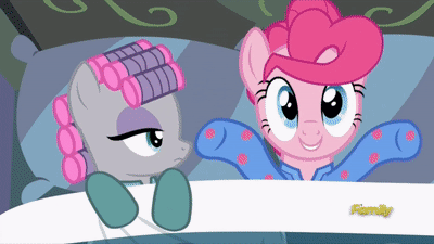Size: 400x225 | Tagged: safe, screencap, character:maud pie, character:pinkie pie, species:earth pony, species:pony, episode:rock solid friendship, g4, my little pony: friendship is magic, animated, clapping, clothing, cute, diapinkes, discovery family logo, female, footed sleeper, gif, hair curlers, mare, pajamas, siblings, sisters, sleeping, the clapper