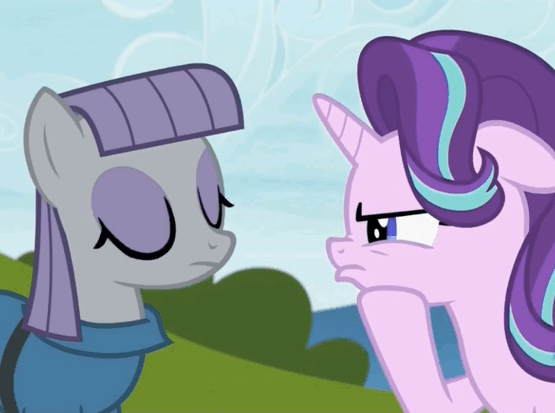 Size: 555x413 | Tagged: safe, screencap, character:maud pie, character:pinkie pie, character:starlight glimmer, species:earth pony, species:pony, species:unicorn, episode:rock solid friendship, g4, my little pony: friendship is magic, animated, eeee, excited, faec, gif, irrational exuberance, pinkie being pinkie, smiling