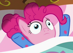 Size: 1054x774 | Tagged: safe, screencap, character:pinkie pie, species:pony, episode:rock solid friendship, g4, my little pony: friendship is magic, bed, clothing, faec, footed sleeper, pajamas, realization, shocked, sleep is for the weak, solo, thousand yard stare, wide eyes