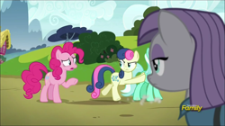 Size: 1388x780 | Tagged: safe, screencap, character:bon bon, character:lyra heartstrings, character:maud pie, character:pinkie pie, character:sweetie drops, species:pony, episode:rock solid friendship, g4, my little pony: friendship is magic, bon bon is not amused, butt touch, discovery family logo, hoof on butt, mine!, pushing, rump push, unamused