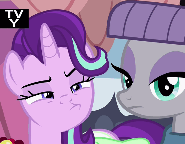 Size: 621x485 | Tagged: safe, screencap, character:maud pie, character:starlight glimmer, species:earth pony, species:pony, species:unicorn, episode:rock solid friendship, g4, my little pony: friendship is magic, animated, female, gif, loop, mare, skeptical, tv-y