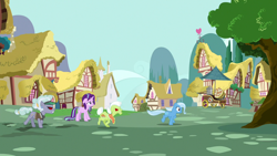 Size: 1280x720 | Tagged: safe, screencap, character:granny smith, character:starlight glimmer, character:trixie, species:pony, episode:all bottled up, g4, my little pony: friendship is magic, clarity cut, heart, jeweler pony, mountain, nut cart, ponyville, tree