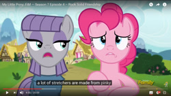 Size: 1366x768 | Tagged: safe, screencap, character:maud pie, character:pinkie pie, species:pony, episode:rock solid friendship, g4, my little pony: friendship is magic, discovery family logo, meme, youtube, youtube caption