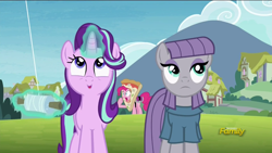 Size: 1366x768 | Tagged: safe, screencap, character:maud pie, character:pinkie pie, character:starlight glimmer, species:pony, species:unicorn, episode:rock solid friendship, g4, my little pony: friendship is magic, cute, discovery family logo, female, glimmerbetes, glowing horn, kite, magic, mare, pizza delivery, pizza head, telekinesis