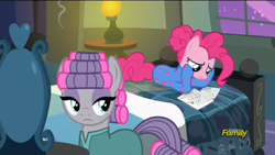 Size: 1136x640 | Tagged: safe, screencap, character:maud pie, character:pinkie pie, species:pony, episode:rock solid friendship, g4, my little pony: friendship is magic, bed, charts and graphs, clothing, discovery family logo, footed sleeper, hair curlers, pajamas