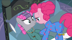 Size: 720x404 | Tagged: safe, screencap, character:maud pie, character:pinkie pie, species:pony, episode:rock solid friendship, g4, my little pony: friendship is magic, bed, clothing, discovery family logo, footed sleeper, hair curlers, lidded eyes, out of context, pajamas