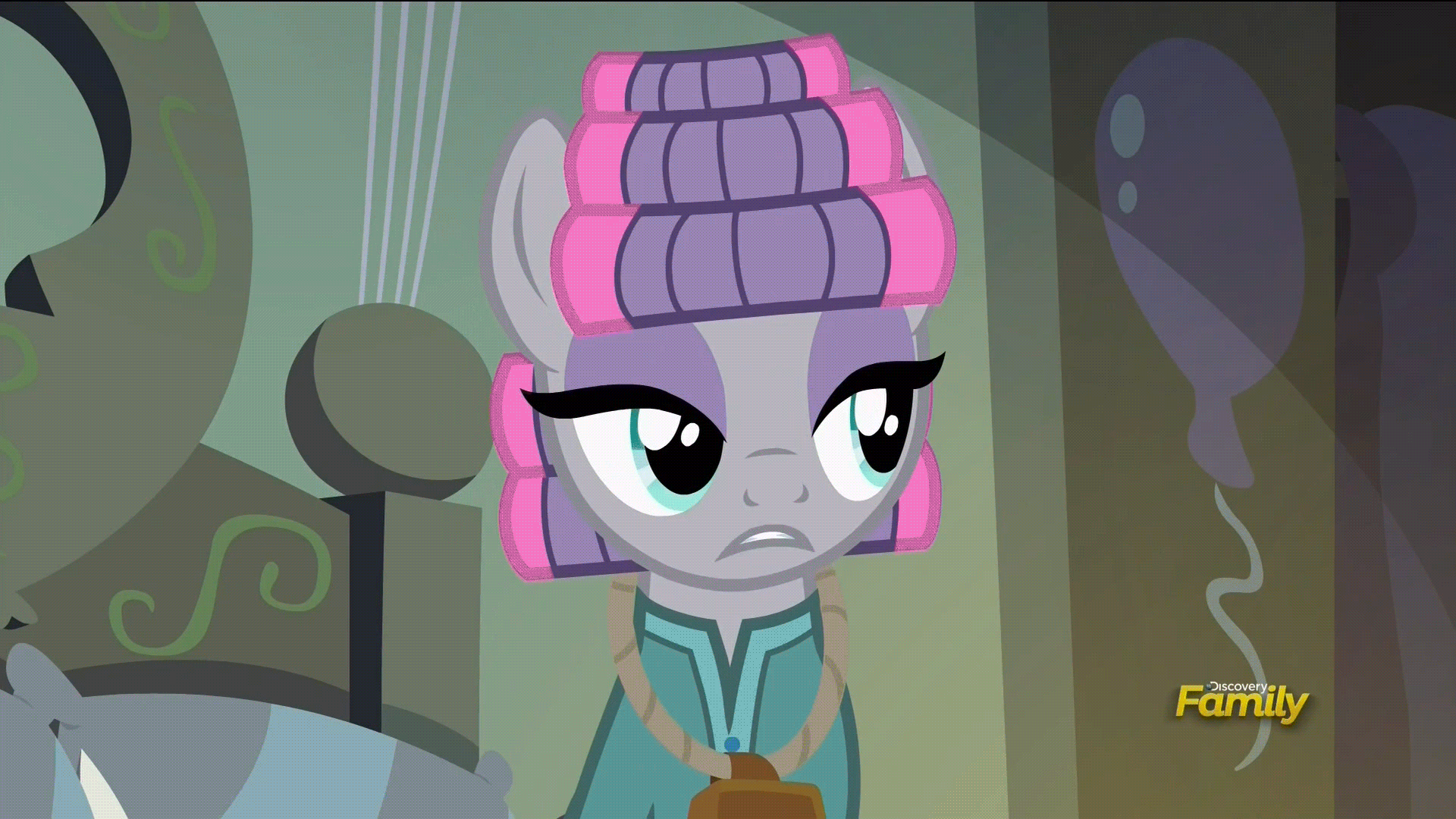 Size: 1920x1080 | Tagged: safe, screencap, character:maud pie, character:pinkie pie, species:pony, episode:rock solid friendship, g4, my little pony: friendship is magic, animated, clothing, discovery family logo, footed sleeper, gif, hair curlers, out of context, pajamas