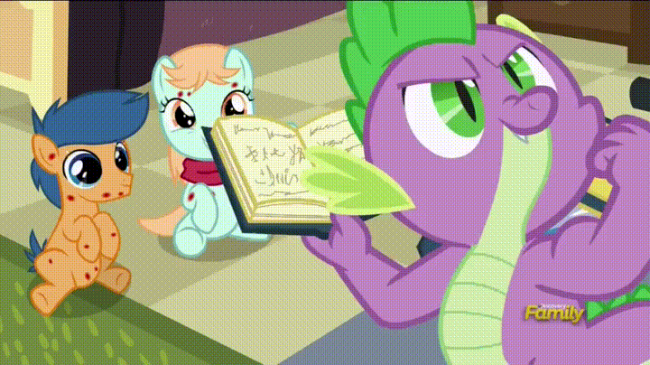 Size: 720x404 | Tagged: safe, screencap, character:first base, character:peach fuzz, character:spike, species:dragon, episode:a flurry of emotions, g4, my little pony: friendship is magic, animated, book, clothing, discovery family logo, flexing, gif, horsey hives, ponyville hospital, scarf, scribbles