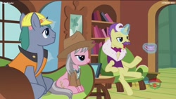 Size: 1920x1080 | Tagged: safe, screencap, character:dandy grandeur, character:hard hat, character:wrangler, species:pony, episode:fluttershy leans in, g4, my little pony: friendship is magic, clothing, hard hat, hat, magic, skunk stripe, telekinesis