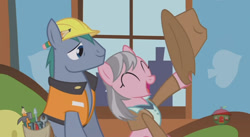 Size: 844x462 | Tagged: safe, screencap, character:hard hat, character:wrangler, species:pony, episode:fluttershy leans in, g4, my little pony: friendship is magic, clothing, hard hat, hat, skunk stripe