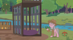 Size: 844x462 | Tagged: safe, screencap, character:wrangler, species:pony, episode:fluttershy leans in, g4, my little pony: friendship is magic, cage, skunk stripe, solo