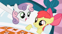 Size: 848x464 | Tagged: safe, screencap, character:apple bloom, character:sweetie belle, episode:stare master, g4, my little pony: friendship is magic, bed, duo, hush now quiet now, long neck, long pony, stretch, sweetie giraffe