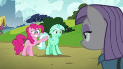 Size: 1920x1090 | Tagged: safe, screencap, character:lyra heartstrings, character:maud pie, character:pinkie pie, species:pony, episode:rock solid friendship, g4, my little pony: friendship is magic, pointing, uncomfortable