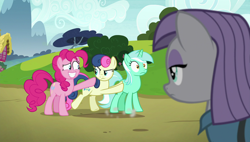 Size: 1920x1090 | Tagged: safe, screencap, character:bon bon, character:lyra heartstrings, character:maud pie, character:pinkie pie, character:sweetie drops, species:pony, episode:rock solid friendship, g4, my little pony: friendship is magic, bon bon is not amused, butt touch, hoof on butt, pushing, raised eyebrow, rump push, unamused
