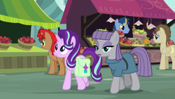 Size: 1920x1090 | Tagged: safe, screencap, character:blues, character:cherry spices, character:maud pie, character:noteworthy, character:starlight glimmer, species:earth pony, species:pony, species:unicorn, episode:rock solid friendship, g4, my little pony: friendship is magic, background pony, female, fruit stand, male, mare, market, ponyville market, stallion