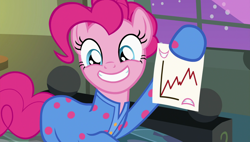 Size: 1920x1090 | Tagged: safe, screencap, character:pinkie pie, species:pony, episode:rock solid friendship, g4, my little pony: friendship is magic, chart, clothing, cute, footie pajamas, grin, pajamas, smiling, solo