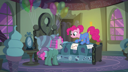 Size: 1920x1090 | Tagged: safe, screencap, character:maud pie, character:pinkie pie, species:pony, episode:rock solid friendship, g4, my little pony: friendship is magic, clothing, footie pajamas, pajamas, pinkie's bedroom