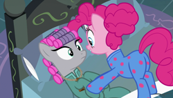 Size: 1920x1090 | Tagged: safe, screencap, character:maud pie, character:pinkie pie, species:pony, episode:rock solid friendship, g4, my little pony: friendship is magic, bed, clothing, female, hair curlers, mare, pajamas, plot
