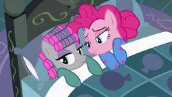 Size: 1920x1090 | Tagged: safe, screencap, character:maud pie, character:pinkie pie, species:pony, episode:rock solid friendship, g4, my little pony: friendship is magic, bed, clothing, hair curlers, pajamas