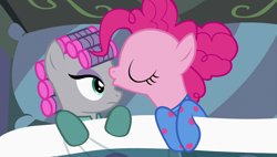 Size: 1920x1090 | Tagged: safe, screencap, character:maud pie, character:pinkie pie, species:pony, episode:rock solid friendship, g4, my little pony: friendship is magic, clothing, forehead kiss, hair curlers, kissing, pajamas, platonic kiss, sisterly love