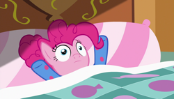 Size: 1920x1090 | Tagged: safe, screencap, character:pinkie pie, species:pony, episode:rock solid friendship, g4, my little pony: friendship is magic, bed, clothing, footed sleeper, pajamas, sleep is for the weak, solo
