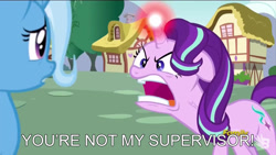 Size: 1280x720 | Tagged: safe, screencap, character:starlight glimmer, character:trixie, species:pony, episode:all bottled up, g4, my little pony: friendship is magic, angry, archer (show), glowing horn, image macro, meme, ragelight glimmer, vein bulge