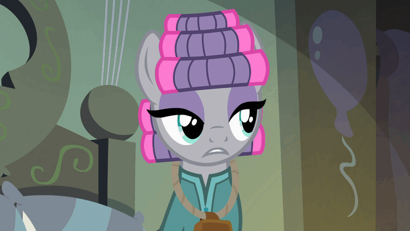 Size: 806x454 | Tagged: safe, screencap, character:maud pie, character:pinkie pie, species:pony, episode:rock solid friendship, g4, my little pony: friendship is magic, alternate hairstyle, animated, bed, bell, clothing, cowbell, female, footed sleeper, gif, hair curlers, out of context, pajamas, sigh, sisters