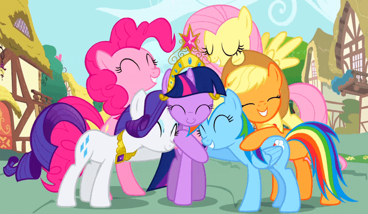 Size: 752x437 | Tagged: safe, screencap, character:applejack, character:fluttershy, character:pinkie pie, character:rainbow dash, character:rarity, character:twilight sparkle, species:earth pony, species:pegasus, species:pony, species:unicorn, episode:magical mystery cure, g4, my little pony: friendship is magic, animated, big crown thingy, cropped, cuddling, cute, dashabetes, diapinkes, eyes closed, female, folded wings, gif, grin, gritted teeth, happy, hug, jackabetes, jewelry, loop, mane six, mare, nuzzling, open mouth, raised hoof, raribetes, regalia, shyabetes, smiling, snuggling, spread wings, twiabetes, wings