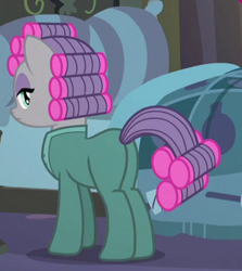 Size: 298x334 | Tagged: safe, screencap, character:maud pie, species:pony, episode:rock solid friendship, g4, my little pony: friendship is magic, clothing, cropped, female, footed sleeper, hair curlers, mare, pajamas, plot, solo
