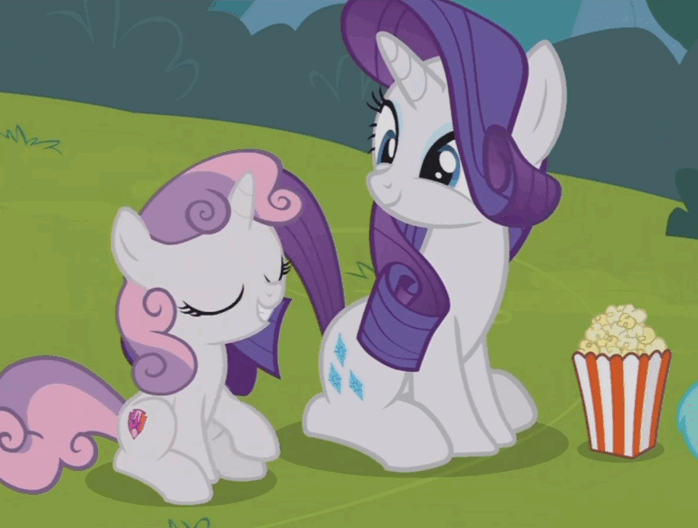 Size: 698x528 | Tagged: safe, screencap, character:rarity, character:sweetie belle, species:pony, species:unicorn, episode:forever filly, g4, my little pony: friendship is magic, animated, chewing, cute, eating, female, filly, food, gif, glowing horn, grin, looking at each other, magic, mare, open mouth, popcorn, raribetes, sisters, sitting, smiling, swallowing, sweetie belle is not amused, telekinesis, unamused