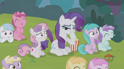 Size: 1236x692 | Tagged: safe, screencap, character:aura, character:cotton cloudy, character:dinky hooves, character:liza doolots, character:noi, character:petunia, character:piña colada, character:rarity, character:ruby pinch, character:sweetie belle, character:tootsie flute, species:pony, episode:forever filly, g4, my little pony: friendship is magic, aurabetes, cheering, cottonbetes, cute, diasweetes, dinkabetes, food, noiabetes, pina cutelada, pinchybetes, popcorn, raribetes, tootsie cute
