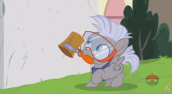 Size: 844x462 | Tagged: safe, screencap, character:chipcutter, species:pony, episode:forever filly, g4, my little pony: friendship is magic, chipcuter, chisel, cute, goggles, mallet, safety goggles, solo, spread wings, wings