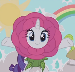 Size: 738x715 | Tagged: safe, screencap, character:rarity, character:sweetie belle, species:pony, species:unicorn, episode:forever filly, g4, my little pony: friendship is magic, cute, female, flower, flower costume, flowerity, looking at you, mare, offscreen character, rainbow, raribetes, seedie belle, smiling, sun
