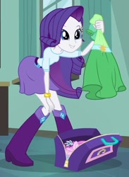 Size: 430x586 | Tagged: safe, screencap, character:rarity, equestria girls:equestria girls, g4, my little pony:equestria girls, bag, bent over, boots, bracelet, clothing, cropped, dress, hand on knee, high heel boots, jewelry, skirt, solo