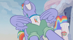 Size: 1236x692 | Tagged: safe, screencap, character:bow hothoof, species:pony, episode:parental glideance, g4, my little pony: friendship is magic, bow's t-shirt, meme origin, nose in the air, treehouse logo, volumetric mouth, wing hands