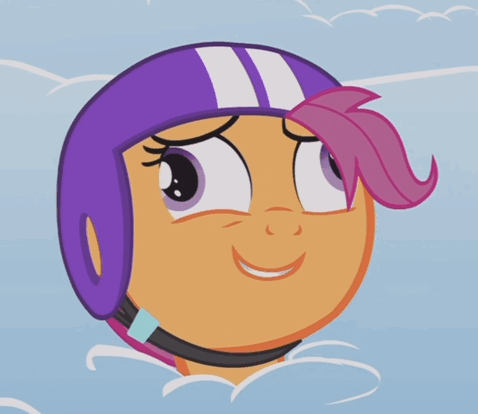 Size: 478x414 | Tagged: safe, screencap, character:scootaloo, species:pegasus, species:pony, episode:parental glideance, g4, my little pony: friendship is magic, animated, cloud, cropped, derp, dizzy, gif, grin, helmet, nailed it, open mouth, scootaderp, silly, silly pony, smiling, solo, stuck
