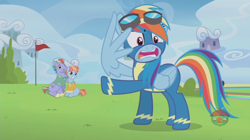 Size: 1236x692 | Tagged: safe, screencap, character:bow hothoof, character:rainbow dash, character:windy whistles, species:pony, ship:windyhoof, episode:parental glideance, g4, my little pony: friendship is magic, angry, animation error, backwards cutie mark, rainbow dash's parents, treehouse logo, wing hands, wingless