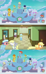 Size: 1200x1922 | Tagged: safe, screencap, character:applejack, character:cloudchaser, character:derpy hooves, character:fleetfoot, character:flitter, character:lightning dust, character:rainbow dash, character:soarin', character:spitfire, species:pony, episode:parental glideance, episode:where the apple lies, g4, my little pony: friendship is magic, theory