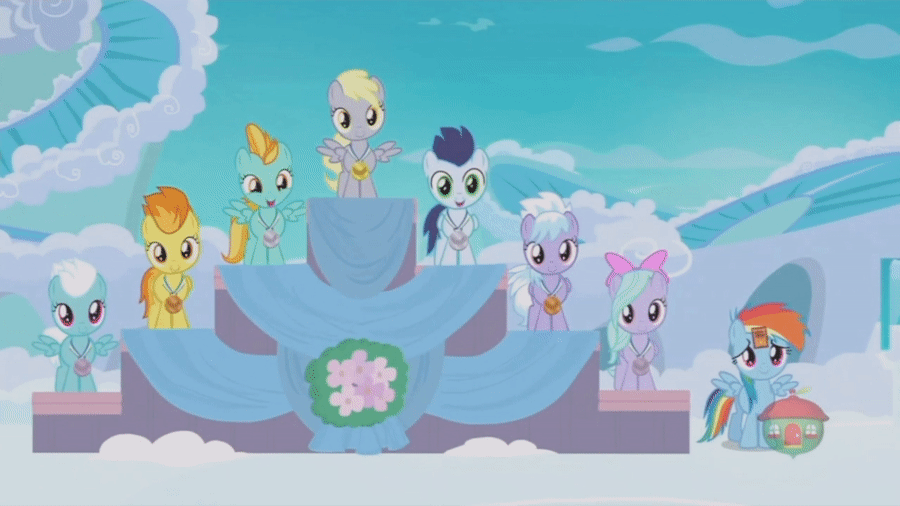 Size: 900x506 | Tagged: safe, screencap, character:cloudchaser, character:derpy hooves, character:fleetfoot, character:flitter, character:lightning dust, character:rainbow dash, character:soarin', character:spitfire, species:pony, episode:parental glideance, g4, my little pony: friendship is magic, animated, cute, cutechaser, cutefire, dashabetes, derpabetes, diafleetes, dustabetes, female, filly, filly derpy, flitterbetes, gif, soarinbetes, younger