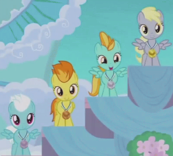Size: 597x539 | Tagged: safe, screencap, character:derpy hooves, character:fleetfoot, character:lightning dust, character:spitfire, species:pony, episode:parental glideance, g4, my little pony: friendship is magic, animated, cropped, female, filly, filly derpy, flashback, fridge horror, gif, medal, podium, the implications are horrible, time lapse, unfortunate implications, what the fuck hasbro, younger