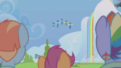 Size: 400x225 | Tagged: safe, screencap, character:bow hothoof, character:fleetfoot, character:high winds, character:rainbow dash, character:scootaloo, character:soarin', character:spitfire, character:windy whistles, species:pegasus, species:pony, ship:windyhoof, episode:parental glideance, g4, my little pony: friendship is magic, animated, gif, lightning, rainbow, rainbow dash's parents, smoke trail