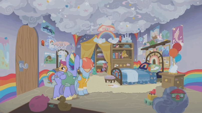 Size: 806x451 | Tagged: safe, screencap, character:bow hothoof, character:scootaloo, character:windy whistles, species:pegasus, species:pony, ship:windyhoof, episode:parental glideance, g4, my little pony: friendship is magic, animated, camera, gif, happy, narwhal, rainbow dash's parents, squee