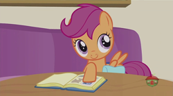Size: 1279x715 | Tagged: safe, screencap, character:scootaloo, species:pegasus, species:pony, episode:parental glideance, g4, my little pony: friendship is magic, book, cute, cutealoo, female, filly, raised hoof, saddle bag, scrapbook, smiling, solo